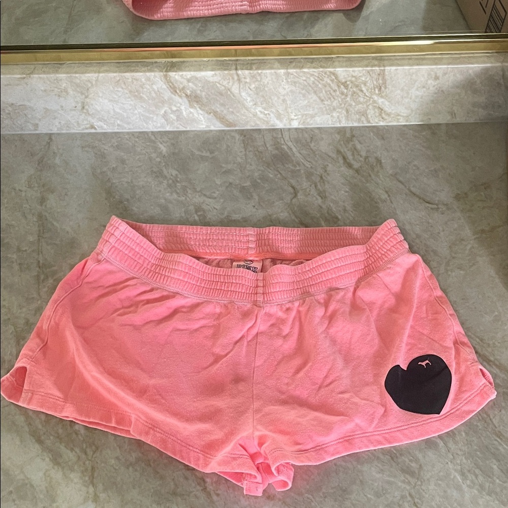 PINK Victoria's Secret Coral Pink Terry Shorts with Black Heart Logo!SIZE: SMALL